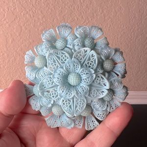 Vintage 1940’s Baby Blue Celluloid Flower Brooch Large, Plastic, filigree Petals